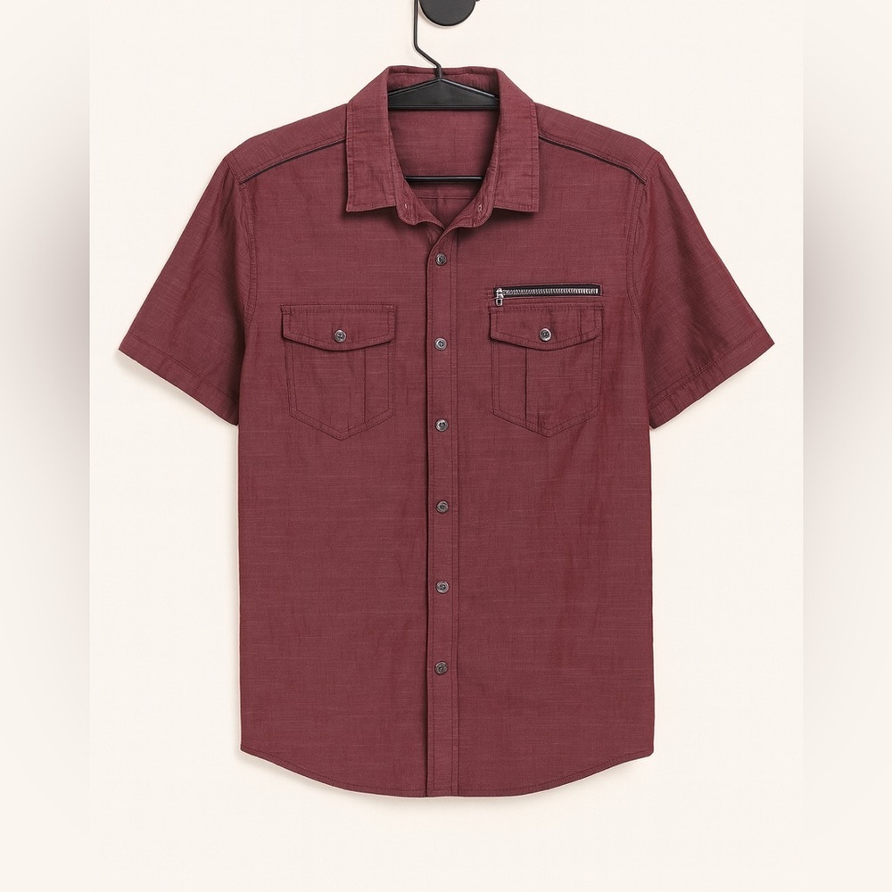 Rock & Republic Mens Short Sleeve Button Down Shirt Burgundy Zip Pocket Small